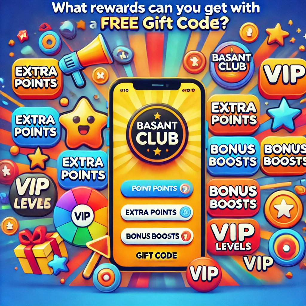 Image showing a smartphone with the Basant Club app open, surrounded by icons representing rewards such as points, credits, bonus boosts, and VIP levels. The vibrant background conveys excitement and the benefits of using a Basant Club Free Gift Code to unlock various perks and enhance the gaming experience.