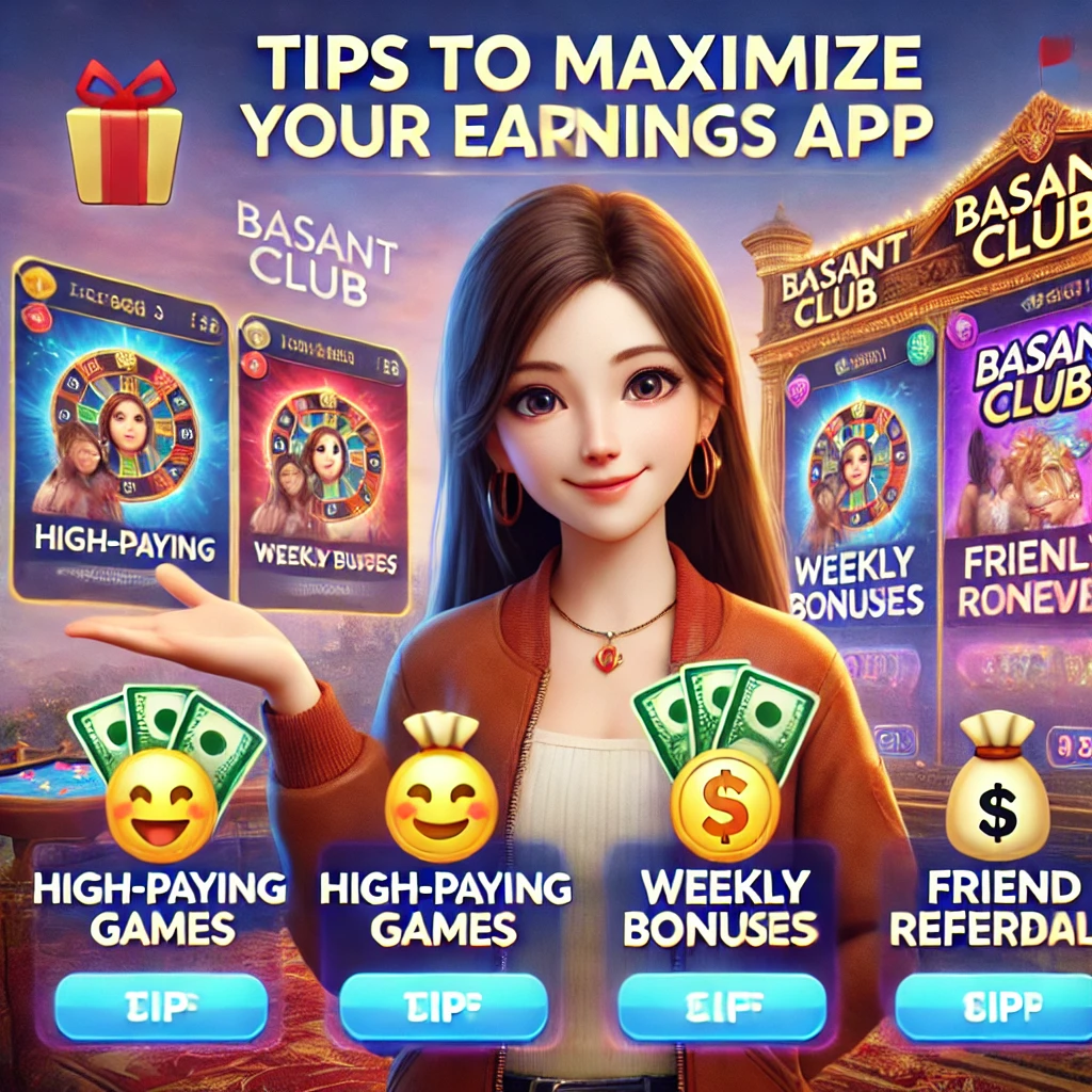 Promotional image for 'Tips to Maximize Your Earnings on Basant Club App Download APK,' featuring a cheerful AI-generated female character. The image highlights key tips such as playing high-paying games, taking advantage of weekly bonuses, and inviting friends to earn extra rewards. The Basant Club logo is displayed, with a realistic background and icons for each tip: a game controller, a bonus gift, and a group of friends symbolizing referrals.