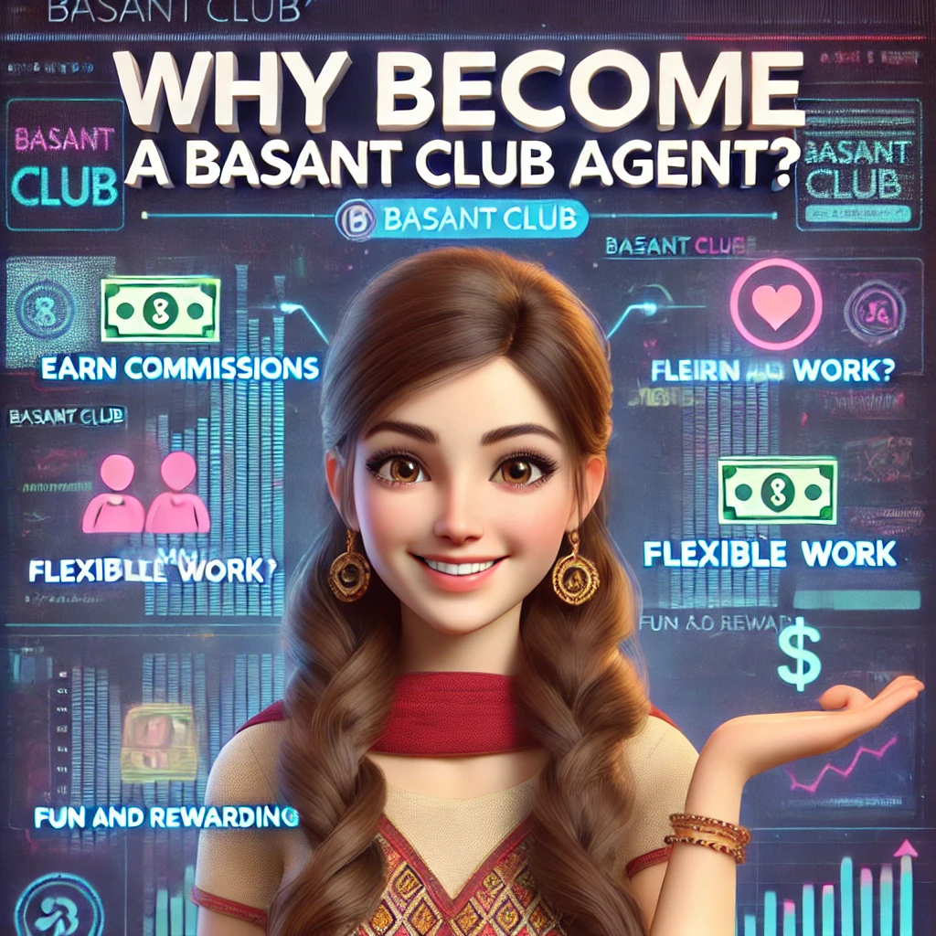 Engaging promotional image titled 'Why Become a Basant Club Agent?' featuring a smiling Pakistani girl with the Basant Club logo in the background. The image highlights benefits of becoming an agent, including earning commissions, flexible work hours, and a fun, rewarding experience, with visual icons representing each benefit.