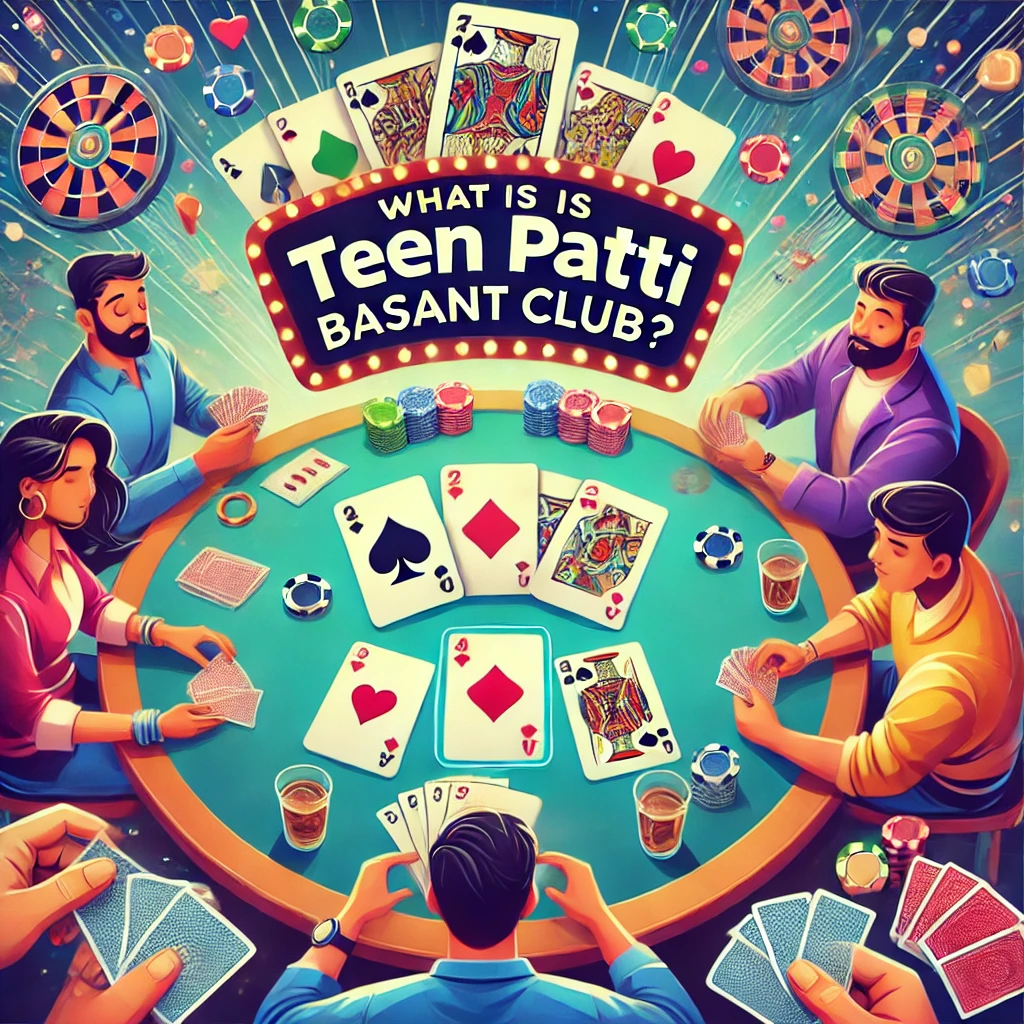 Illustration of Teen Patti Basant Club card game with players gathered around a table, each holding a three-card hand from a 52-card deck, set in a lively, social atmosphere. The image emphasizes the game’s blend of strategy and luck, highlighting both in-person and online play excitement.