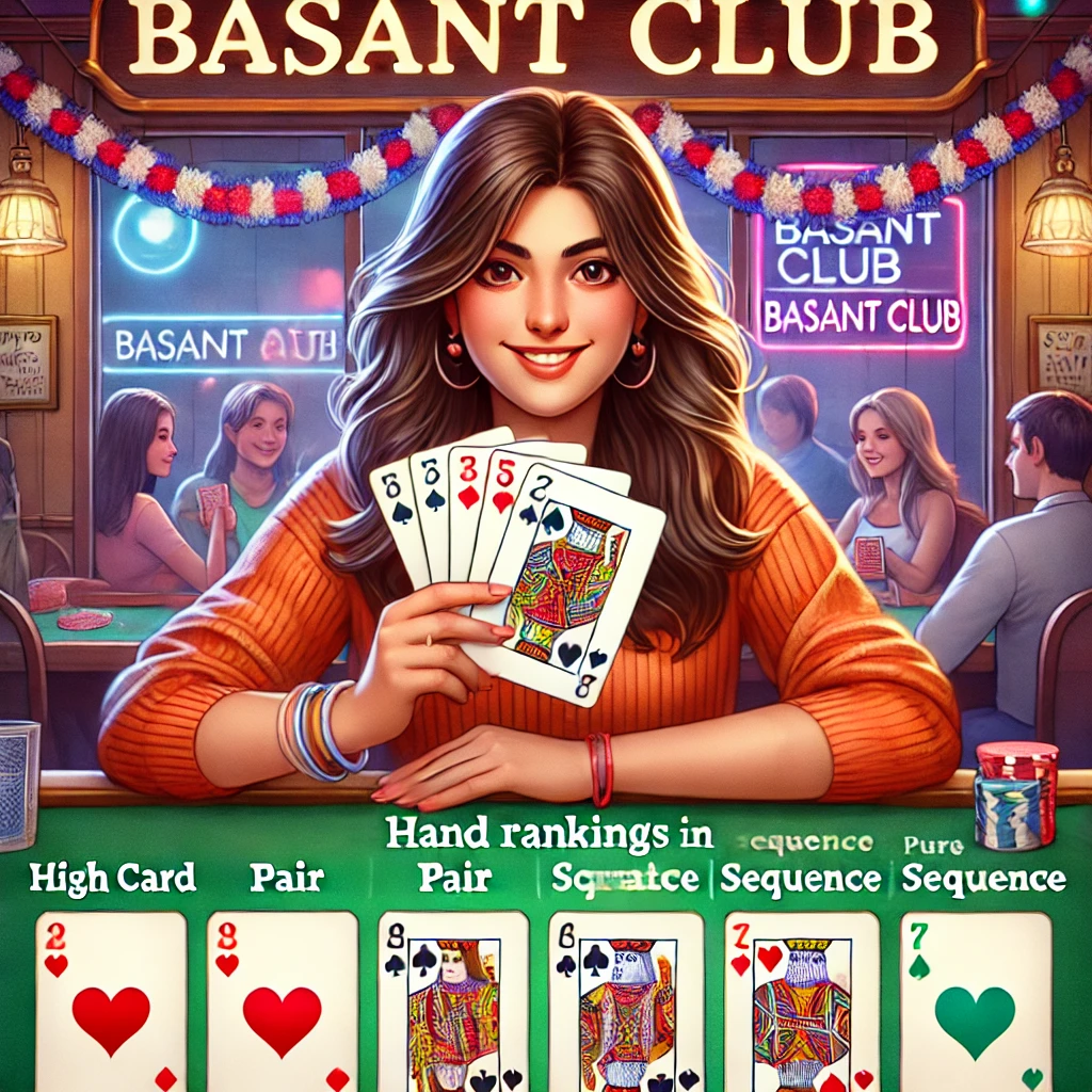 Illustration of Teen Patti Basant Club hand rankings with a young woman holding cards, showing examples of ranked hands: High Card, Pair, Color (Flush), Sequence (Straight), Pure Sequence (Straight Flush), and Trail (Three of a Kind). The background features a lively card game setting, with a Basant Club logo in the corner, visually explaining hand strengths for easy understanding.