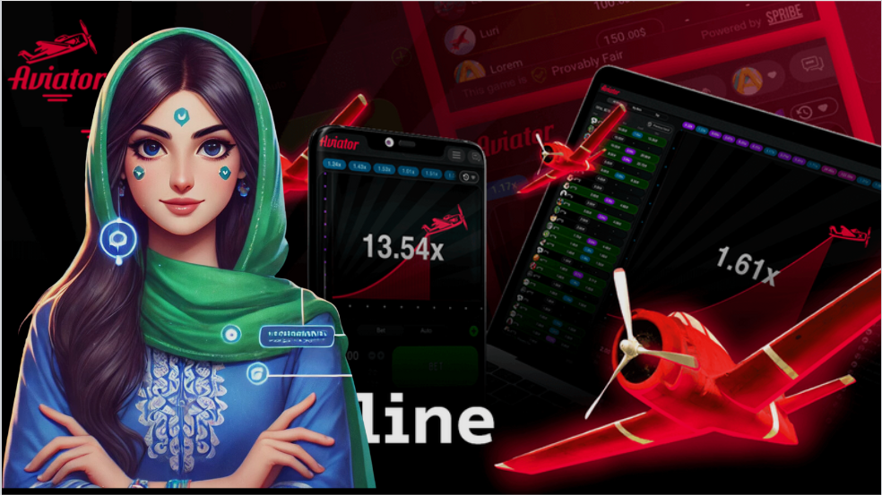 Illustration of a woman in a green headscarf alongside devices displaying the Basant Aviator game interface. The screen shows Aviator gameplay with rising multipliers (13.54x and 1.61x), airplanes, and the Basant Aviator logo in the top corner. The image highlights the thrill and interactive features of Basant Aviator, with vibrant graphics and a confident player ready to engage with the game.