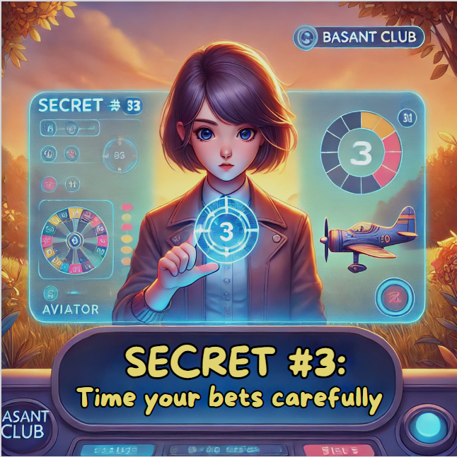 Illustration for 'Secret #3: Time Your Bets Carefully' featuring a focused girl with a futuristic game interface, emphasizing timing in the Aviator game. She interacts with a countdown interface, surrounded by visual indicators like dials, charts, and a small airplane icon. The Basant Club logo appears in the top corner, reinforcing the brand. The caption at the bottom reads, 'Secret #3: Time your bets carefully.