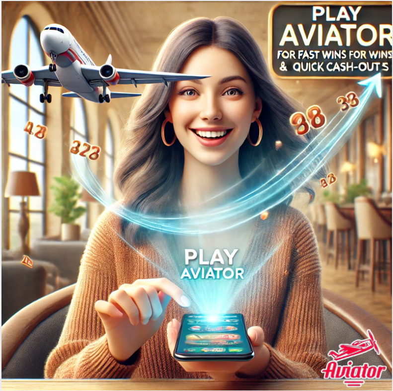 Smiling young woman holding a smartphone with the Aviator game displayed on the screen, featuring the Basant Club logo. An animated plane and rising numbers illustrate potential earnings, highlighting the excitement of playing Aviator to earn money quickly. The setting is a cozy, well-lit cafe, creating an engaging environment for real money gaming.