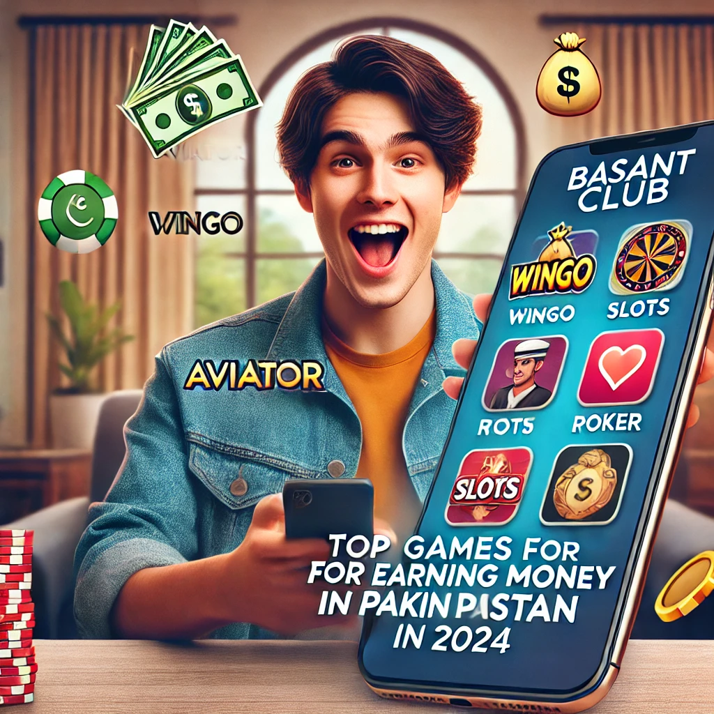 A cheerful young man excitedly holding a smartphone displaying the Basant Club platform with games like Aviator, Wingo, Slots, and Poker, labeled as the best for earning money in Pakistan. The image includes symbols of cash, poker chips, and a money bag, highlighting the platform's opportunities for real cash rewards in 2024.