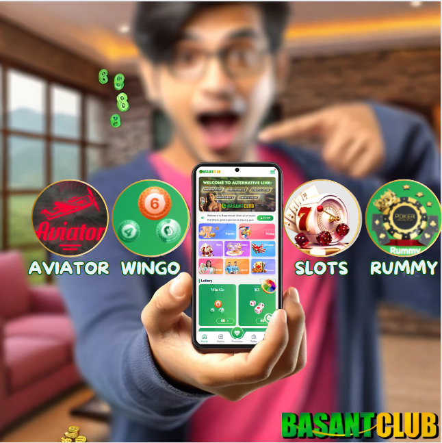 A young man excitedly holds a smartphone showing Basant Club’s platform, with icons for popular games like Aviator, Wingo, Slots, and Rummy. The image emphasizes Basant Club as the best for earning money in Pakistan, with a lively, modern setting in the background. The Basant Club logo is prominently displayed, enhancing the appeal of the platform for real money gaming enthusiasts.