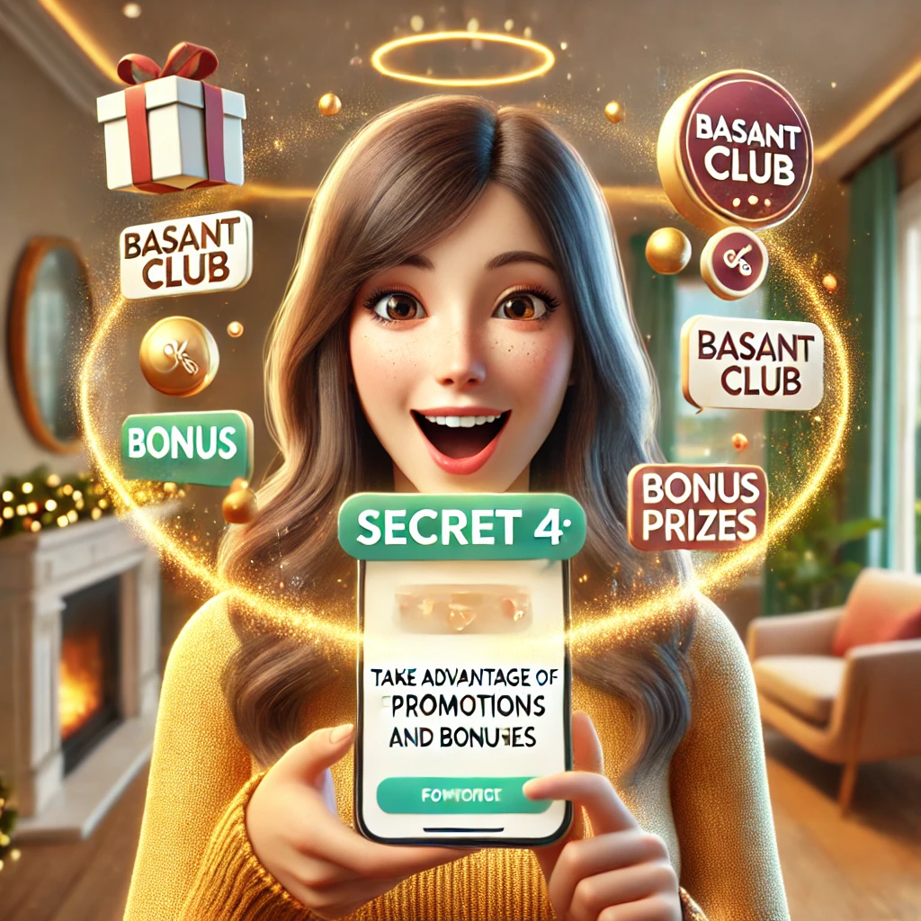 An engaging image showcasing Secret 4: Take Advantage of Promotions and Bonuses to earn real money with Basant Club. The image features a smiling woman holding a smartphone displaying the Basant Club app. Surrounding her are vibrant icons of bonus prizes, promotions, and festive elements, with the Basant Club logo prominently displayed in the background."