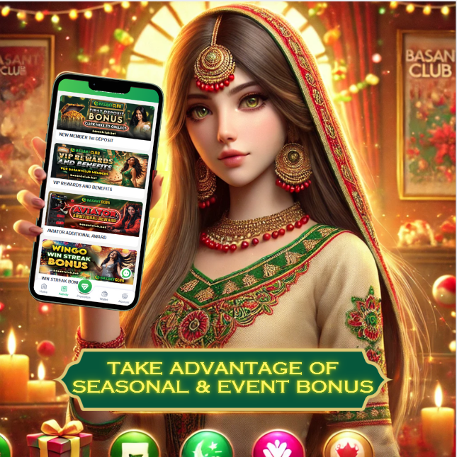 A vibrant image featuring a Pakistani girl holding a smartphone displaying the Play Basant Club app. The app shows notifications for holiday promotions and limited-time events. Festive icons like bonus rewards, leaderboard prizes, and seasonal decorations surround her. The Basant Club logo is prominently displayed, emphasizing the focus on playing Basant Club during special events.