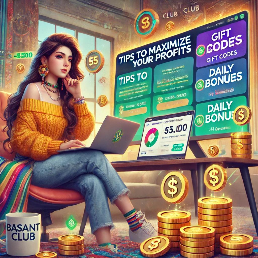 Illustration of a woman using a laptop to explore tips for maximizing profits on Basant Club. The image highlights features like gift codes, daily bonuses, and coins, symbolizing opportunities for Basant Club Earning Money Online.