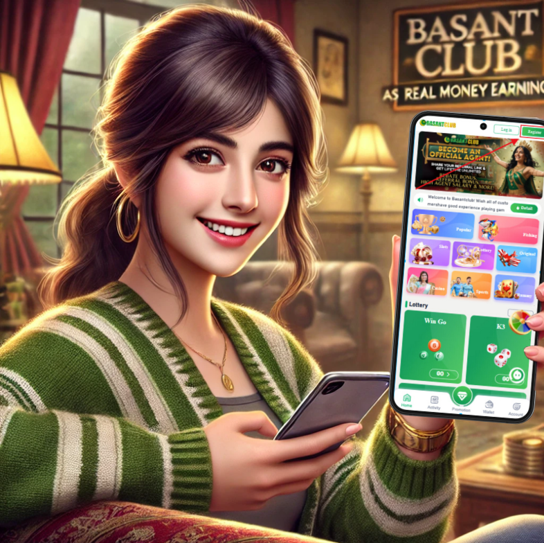 A smiling Pakistani woman holding a smartphone displaying the Basant Club interface, highlighting it as a Real Money Earning App Download for rewards and games.