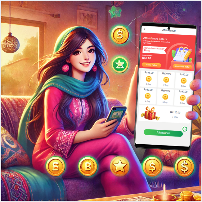 A cheerful Pakistani woman holding a smartphone showing Basant Club's attendance bonus screen, showcasing it as a top Real Money Earning App Download with rewards.