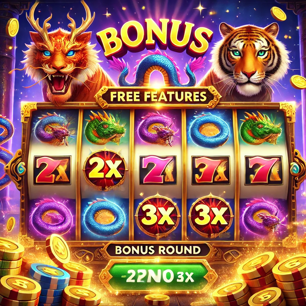 An engaging and colorful image showcasing the bonus features in Dragon Tiger Slots. The image highlights Free Spins triggered by scatter symbols, glowing 2x and 3x Multipliers, and a representation of Bonus Rounds with a mini-game interface. Coins and sparkles surround the reels, emphasizing fun and winning opportunities.