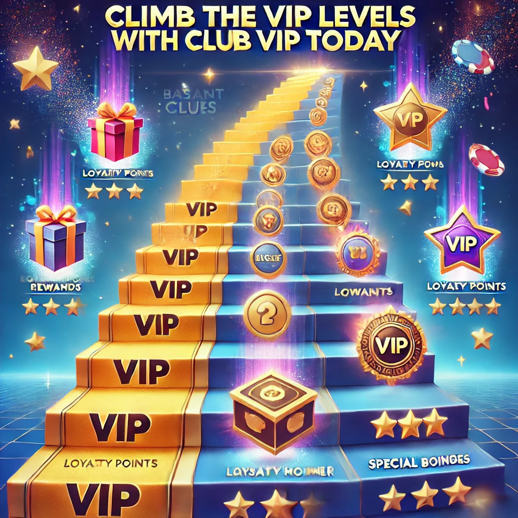 Illustration titled 'Climb the VIP Levels with Basant Club VIP Today,' featuring a progression ladder with symbols for loyalty points, increasing rewards, and top-level perks. Visual elements include a gift box, casino chips, golden badges, and a VIP manager icon, set against a festive background with sparkles and confetti, highlighting the excitement of moving up through VIP levels.