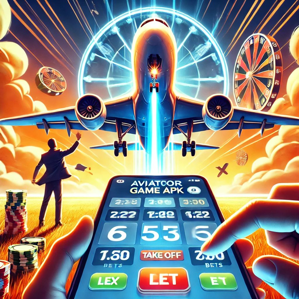 A dynamic image showcasing the Aviator Game APK, with a plane about to take off in the background. The mobile game interface is visible, showing the countdown timer and bets being placed as players predict when the plane will fly away. The image conveys the excitement and fast-paced nature of the game.