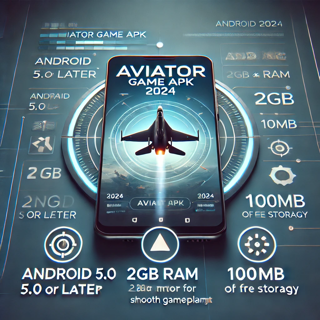 An informative image displaying the Aviator Game APK 2024, with key compatibility requirements for installation: Android 5.0 or later, 2GB RAM or more for smooth gameplay, and at least 100MB of free storage. The image includes a mobile phone showing the Aviator Game APK logo, with icons representing the system specifications for easy understanding.