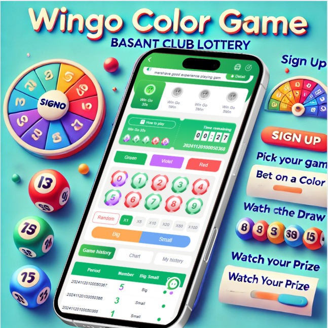 A vibrant image showcasing the Wingo Color Game (Basant Club Lottery) app interface. The screen displays options for signing up, picking your game, betting on a color, and watching the draw. The image also includes colorful lottery balls, a spinning wheel, and a countdown timer for the game. The layout highlights the color betting options (Green, Violet, Red), with instructions on how to play and track your prize.