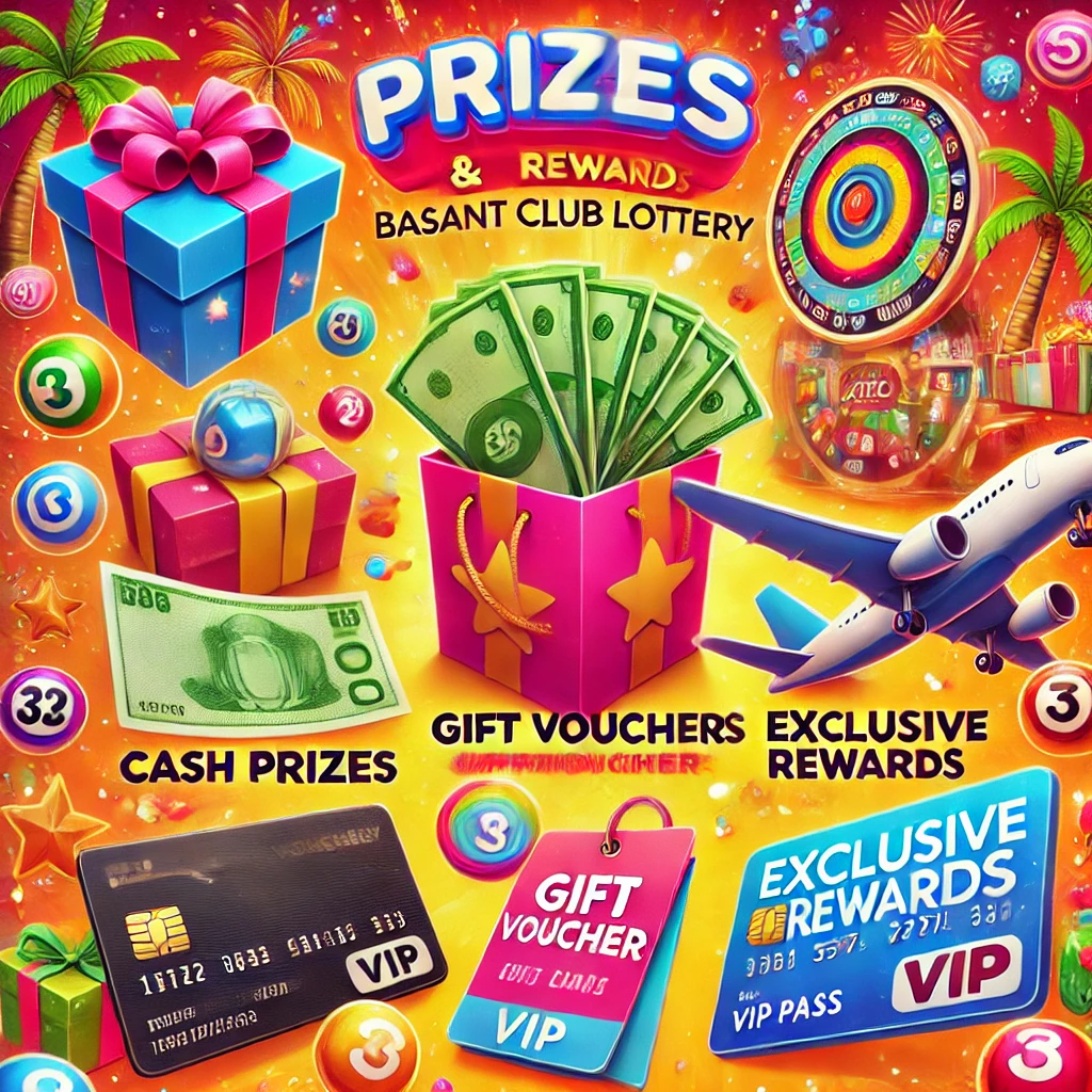 A vibrant image showcasing the prizes and rewards in the Wingo Color Game (Basant Club Lottery). It features cash prizes, gift vouchers, and exclusive rewards such as vacation packages and event tickets, represented with symbols like money, shopping vouchers, and an airplane with a VIP pass.