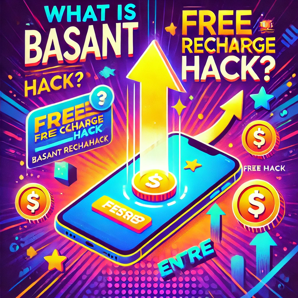 Illustration titled 'What is Basant Free Recharge Hack?' featuring a smartphone with a glowing coin icon and an upward arrow indicating a boosted balance, surrounded by icons like coins and stars to represent extra rewards, set against a colorful, vibrant background.