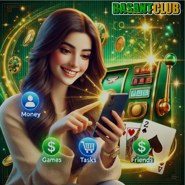 A smiling woman using a smartphone with glowing icons representing features of a real earning app, including money, games, tasks, and friends. The background features a vibrant casino-inspired theme with slot machines, gold coins, and playing cards, along with the BasantClub logo, highlighting an engaging and rewarding online platform.