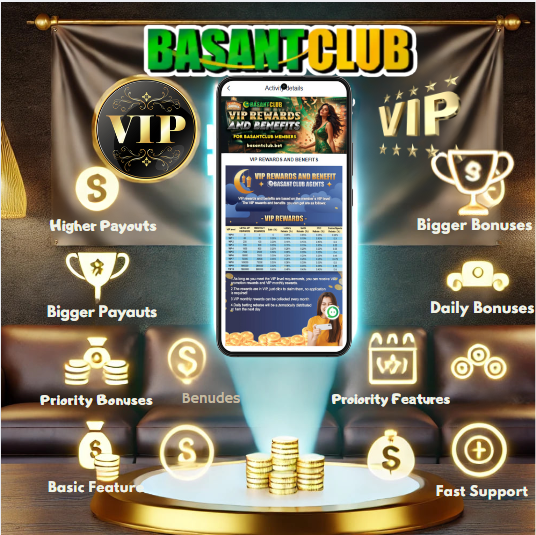 A vibrant image showcasing the BasantClub VIP membership benefits. The central focus is a glowing smartphone displaying the BasantClub VIP rewards and features. Surrounding the phone are icons representing higher payouts, bigger bonuses, daily rewards, priority features, and fast support. The background features a sleek and modern VIP-themed design with a BasantClub logo prominently displayed on a banner. A cozy and professional setup conveys exclusivity and premium perks for members