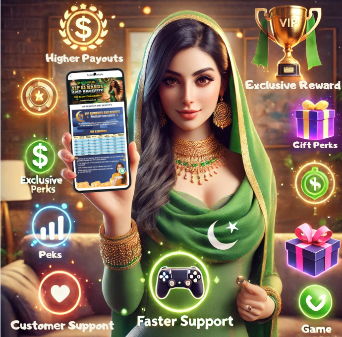 A vibrant image of a Pakistani woman dressed in traditional green attire, holding a smartphone displaying BasantClub VIP rewards and benefits. Surrounding her are glowing icons representing higher payouts, exclusive rewards, gift perks, faster support, customer support, and gaming opportunities. The background features a warm and elegant room, symbolizing luxury and exclusivity. The image highlights the premium benefits of BasantClub VIP membership.