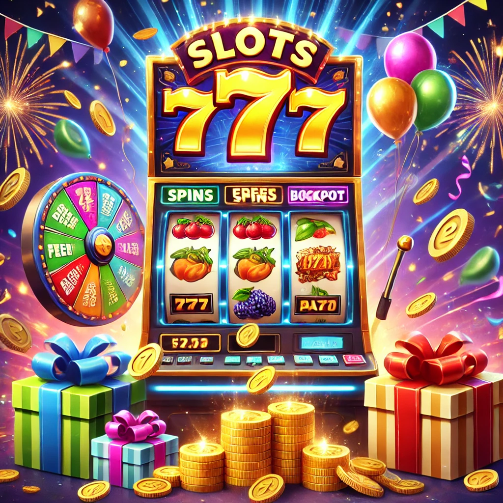  A lively and colorful image of a slot machine displaying "Slots 777 Party" at the top, surrounded by coins, gift boxes, and a spinning prize wheel. The slot machine features vibrant fruit symbols, jackpots, and glowing effects. The background is filled with balloons, fireworks, and confetti, creating a celebratory and festive atmosphere.