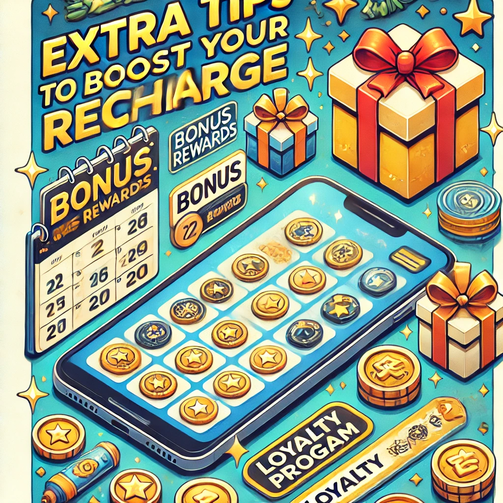 Illustration titled 'Extra Tips to Boost Your Recharge,' featuring a smartphone with an increased credit balance. Visual elements include a gift box representing bonus rewards, a calendar marking a special event or promotion, and a loyalty badge symbolizing loyalty program benefits. The background is vibrant, with sparkles, coins, and stars to emphasize the excitement of boosting credits.