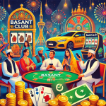 Colorful illustration of Basant Club highlighting why Pakistani players love it. Features a group playing card games like Teen Patti at a vibrant table, with stacks of gold coins, cash, and a luxury car as rewards. Casino games and a JazzCash payment machine are visible in the background, with bright lights and cultural patterns adding to the festive atmosphere