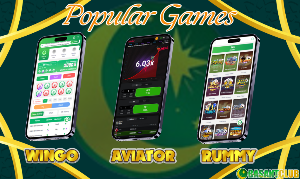 This image showcases the popular games from the Basant Club App Review: Wingo, Aviator, and Rummy, emphasizing their unique gameplay features.