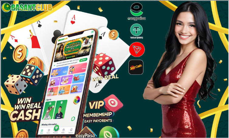 This promotional image highlights the Basant Club App Review features, showcasing Win Real Cash, VIP Membership, and Easy Payments with local payment options like Easypaisa and JazzCash. It adds a vibrant, engaging feel to attract users.