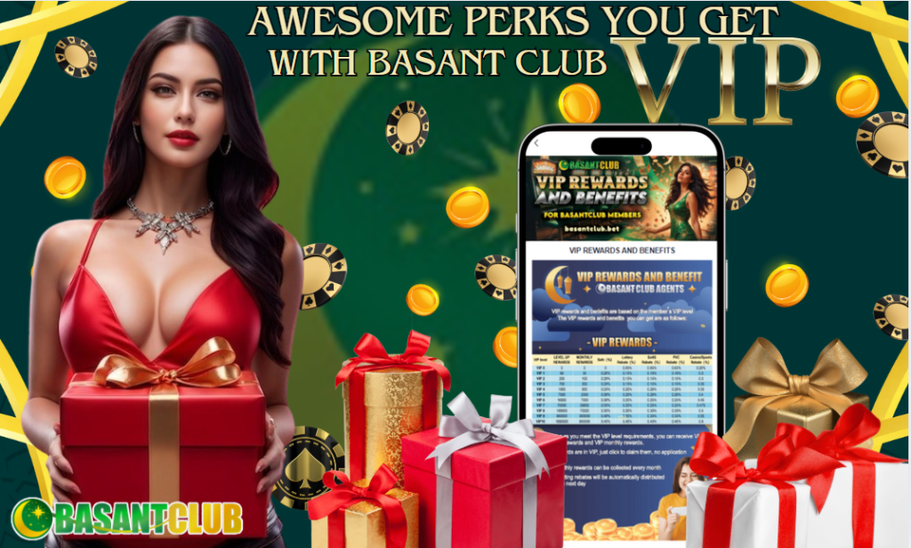 The image titled "Basant Club VIP" effectively highlights the exclusive VIP perks, rewards, and benefits for members. It features a vibrant design with a smartphone displaying the Basant Club interface, along with symbols of luxury such as gift boxes and VIP badges. Let me know if you need any adjustments or enhancements!