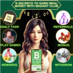 An engaging visual for '5 Secrets to Earn Real Money with Basant Club.' It features an AI-generated woman holding a smartphone displaying the Basant Club app. Surrounding her are icons representing the secrets: Daily Tasks, Play Games, Referrals, Bonuses, and Withdrawals. The background is vibrant with a festive theme and the Basant Club logo prominently displayed.