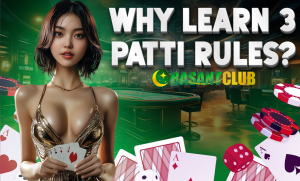 A woman holding a hand of cards in front of a casino-style background with the text "Why Learn 3 Patti Rules?" and the Basant Club logo.