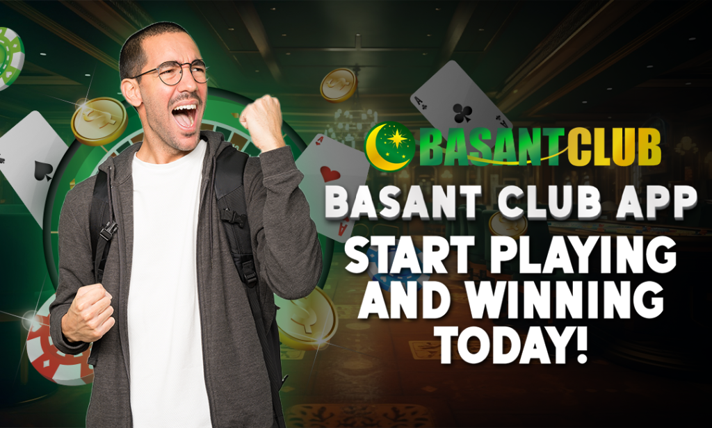 A cheerful man wearing glasses, a white shirt, and a gray hoodie celebrates with a raised fist against a vibrant casino-themed background. The image features playing cards, poker chips, and a roulette wheel. The "Basant Club" logo and the text "Basant Club App - Start Playing and Winning Today!" are prominently displayed.