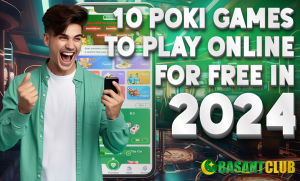 A person excitedly playing on a mobile phone with the screen showing Poki games and the text "10 Poki Games to Play Online for Free in 2024" along with the Basant Club logo.