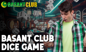 A young man in a green and black checkered shirt looks surprised while holding a smartphone, with floating dice around him and a futuristic casino background. The text reads "BASANT CLUB DICE GAME" at the bottom, with the "Basant Club" logo displayed at the top.
