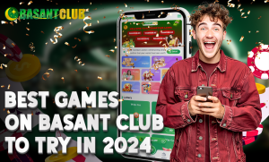 A smiling young man in a red jacket holding a smartphone stands next to a large phone screen displaying the Basant Club app interface, featuring various games like slots, fishing, and lottery. Confetti and casino elements, like poker chips and coins, surround the scene. Bold text reads "BEST GAMES ON BASANT CLUB TO TRY IN 2024."