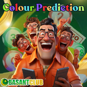 A lively and colorful illustration of enthusiastic players celebrating their success in a Big Small Colour Prediction game. The image shows happy individuals holding smartphones, with a vibrant background featuring colorful game elements and the text "Colour Prediction" displayed boldly. The "Basant Club" logo is prominently featured at the bottom.