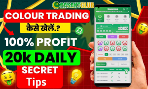 A promotional image showcasing color trading in the Basant Club app. The image highlights tips such as "100% Profit," "20k Daily," and "Secret Tips," with a vibrant interface displaying color prediction options (Green, Violet, Red) on a mobile device. Hindi text "कैसे खेलें?" is also visible, guiding users.