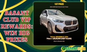 Promotional image for Basant Club VIP Rewards showing a silver BMW X1 2024 as the 1st prize, with details about eligibility for the reward and the car's approximate value in USD.