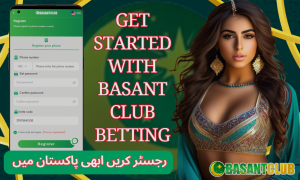 A vibrant promotional image for Basant Club Betting. The image features a registration form on a smartphone screen, with a glamorous woman wearing traditional jewelry and a colorful outfit on the right. The bold text reads "Get Started with Basant Club Betting," and an additional line in Urdu highlights its availability in Pakistan.