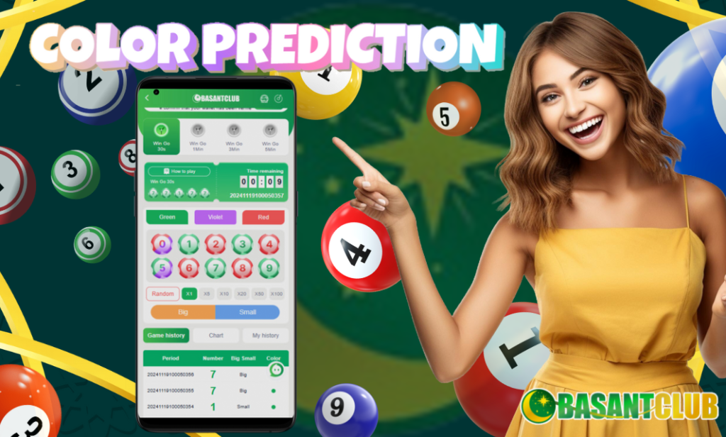 Basant Club showcasing the Big Small Colour Prediction game. The image features a cheerful woman pointing to a smartphone screen displaying the game interface, with colorful balls and numbers in the background.