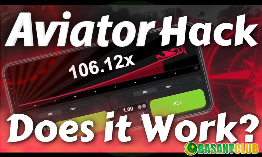 The text "Aviator Hacks Does it Work?" is overlaid on the image, along with the Basant Club logo in the bottom right corner. The background features a red and black color scheme with dynamic design elements.