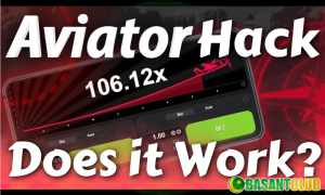 A digital gaming interface showing the Aviator game with a multiplier of 106.12x displayed prominently on the screen. The text "Aviator Hack Does it Work?" is overlaid on the image, along with the Basant Club logo in the bottom right corner. The background features a red and black color scheme with dynamic design elements.