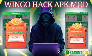 A promotional image showcasing the Basant Club Wingo Hack APK Mod, with a hooded figure using a laptop at the center and screenshots of prize-winning amounts displayed on either side.