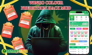 A vibrant interface showing a mobile application titled "Wingo Colour Prediction Hack Mod." The app's screen displays colorful squares in red, green, and violet, with a game interface suggesting predictive gameplay. Overlayed text hints at modified functionalities or cheats for advanced gameplay.