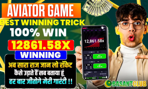 A colorful image promoting the "Aviator Hack Mod," featuring a young man pointing at a smartphone displaying the Aviator game with a 12861.58X multiplier. The text highlights "Best Winning Trick," "100% Win," and guaranteed success tips. The Basant Club logo is visible at the bottom.