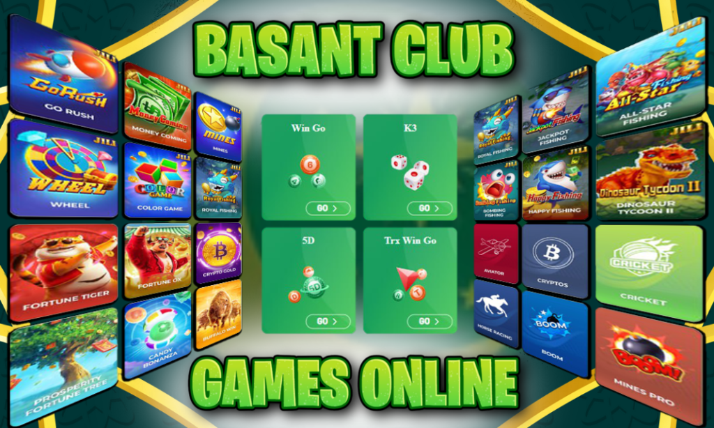 A vibrant showcase of Basant Club Game Online featuring a variety of game tiles, including popular titles like Aviator, Color Game, Fortune Tiger, and Dinosaur Tycoon II. The central panel highlights games like Win Go and K3 with a sleek green interface. Surrounding tiles display a mix of arcade, strategy, and casino games, all presented in an engaging and colorful layout.