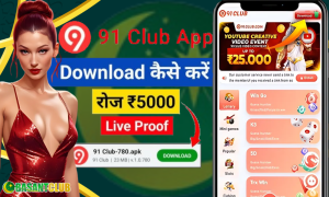 A promotional image for 91 Club Download APK featuring a stylish woman in a red dress on the left, alongside a smartphone interface showcasing the app's features. The text highlights earning potential with phrases like "Download कैसे करें" and "रोज ₹5000 Live Proof." The app interface displays lottery games, mini-games, and a promotional banner for a YouTube creative video contest offering up to ₹25,000.