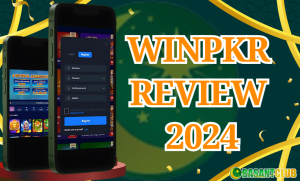 A vibrant promotional image for "Winpkr Review 2024," featuring two mobile phones showcasing the Winpkr platform interface, with bold orange and white text in the center. The background includes green and yellow celebratory patterns, alongside the Basant Club logo in the bottom right corner.